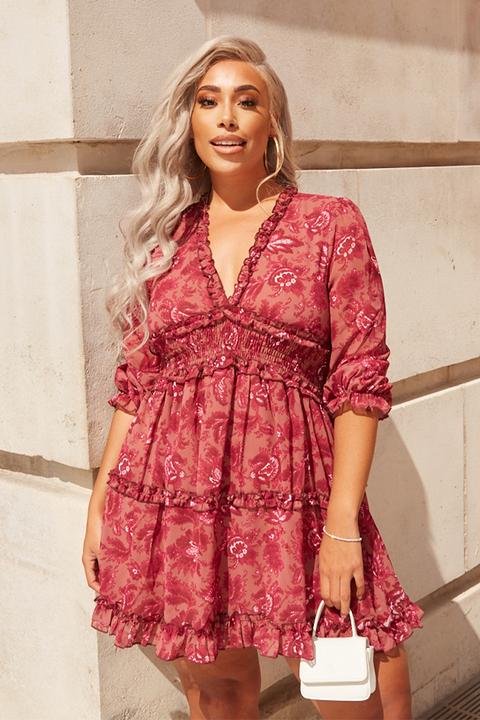 Pink Dresses - Laila Loves Pink Floral Frill Plunge Mini Dress