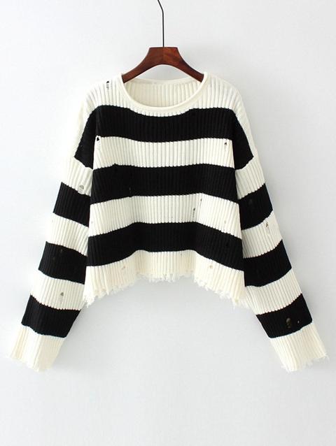 Oversized Stripes Frayed Sweater