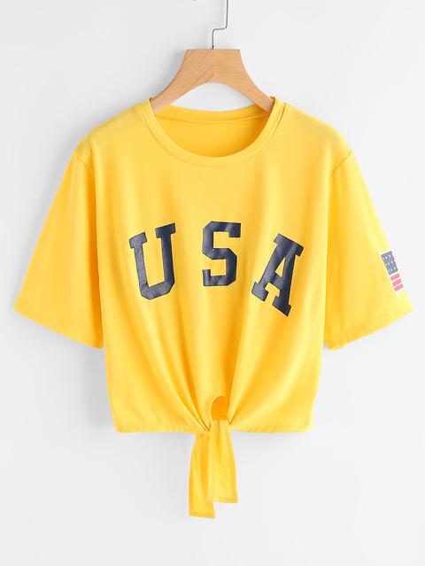 Letter Print Knot Front Tee