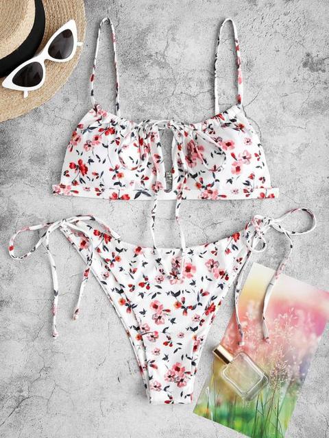 Zaful Ribbed Floral Cutout String Bikini Swimwear White