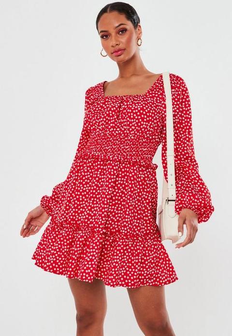 Red Floral Print Shirred Waist Tiered Mini Dress, Red