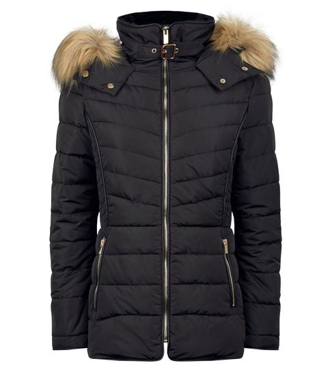 black faux fur trim hooded puffer jacket