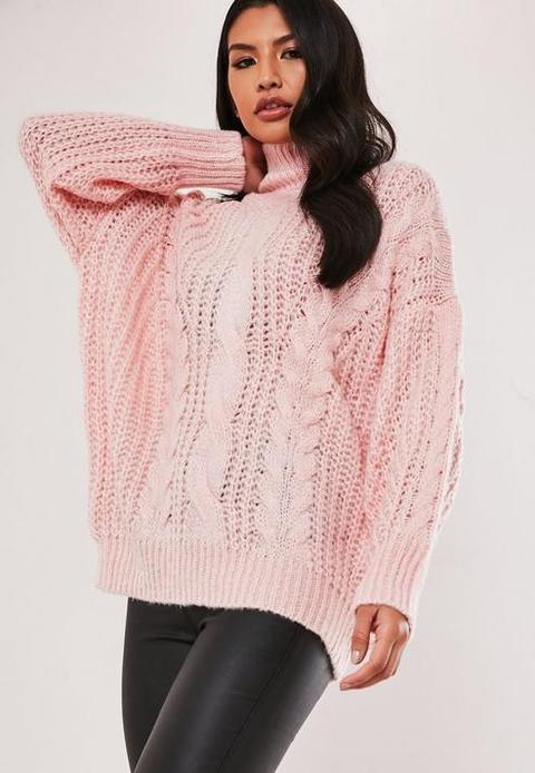 Petite Pink High Neck Cable Knit Jumper, Pink