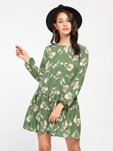 Vestido Con Estampado De Flor Con Manga Farol Con Cintura Caída