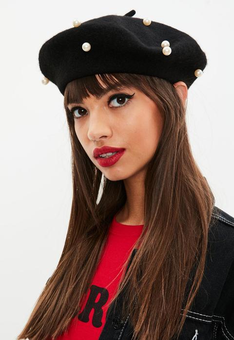 Black Pearl Embellished Beret, Black