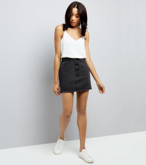 Black Fringed Hem Denim Skirt