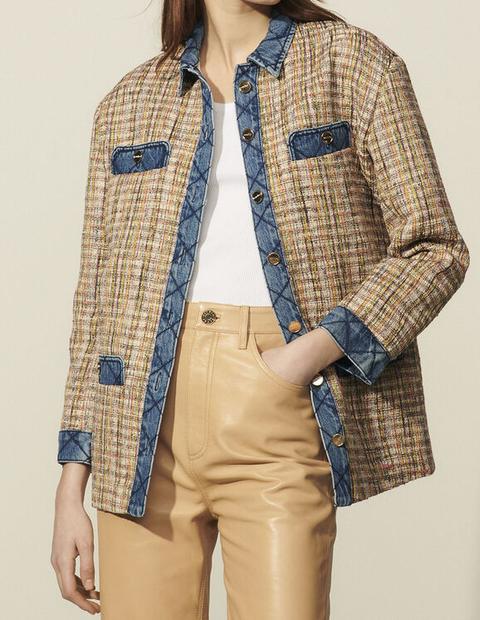 Chaqueta De Tweed Con Insertos De Denim