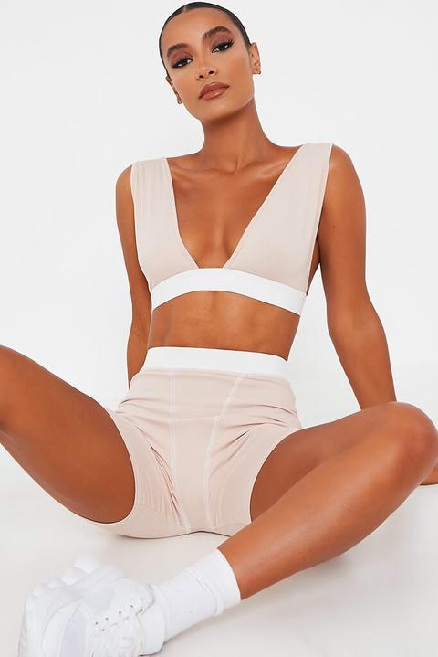 Oatmeal Cotton Plunge Tape Bralet , Beige