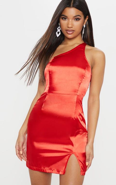 Red Satin One Shoulder Bodycon Dress, Red