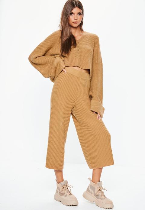 Camel Co Ord Ribbed Knitted Culottes, Camel