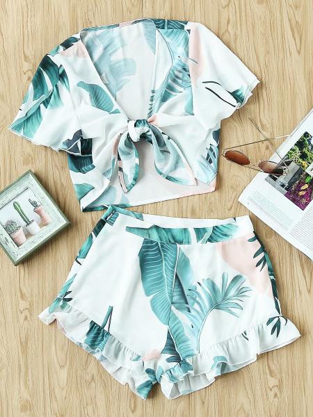 Conjunto Con Estampado Tropical Con Nudo En La Parte Delantera