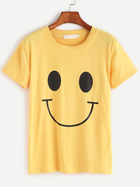 Yellow Smiley Face Print T-shirt