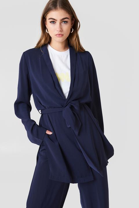 Na-kd Side Slit Tied Waist Blazer - Blue