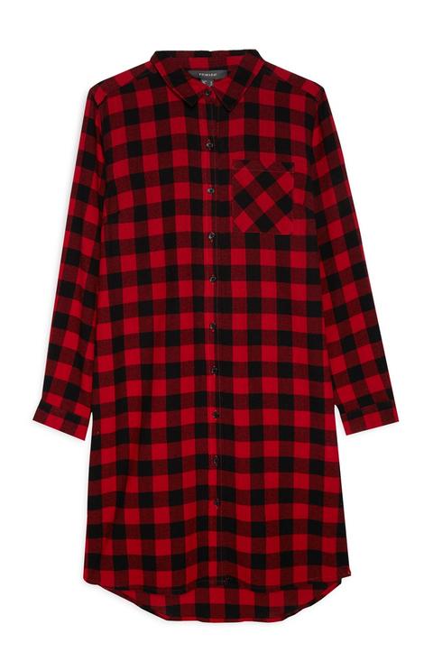 Red Longline Check Shirt Dress