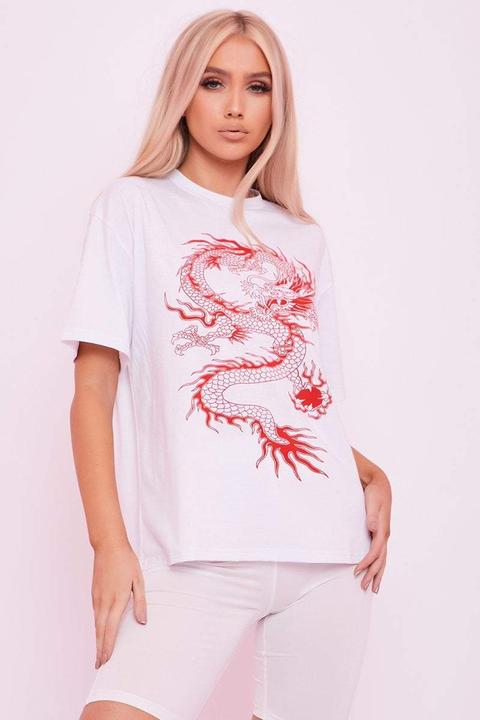 White Oversized Dragon Print T-shirt- Willow - 4 White