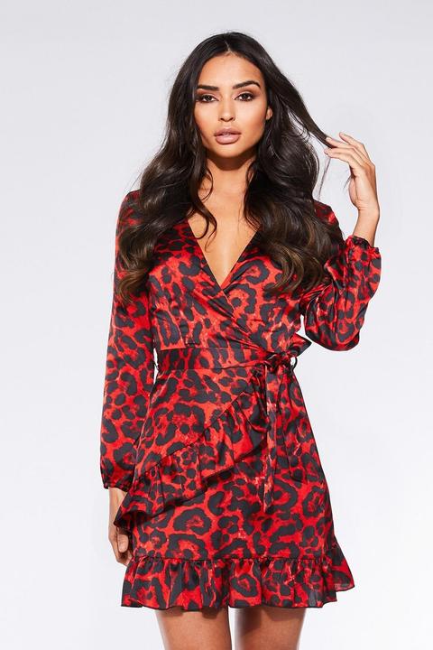 Red And Black Satin Leopard Print Wrap Dress