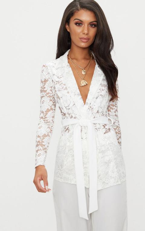 White Lace Belted Blazer, White