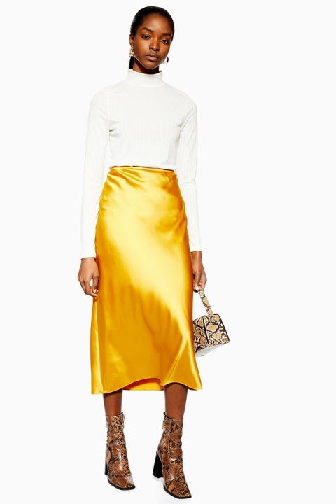 Womens Satin Bias Midi Skirt - Ochre, Ochre