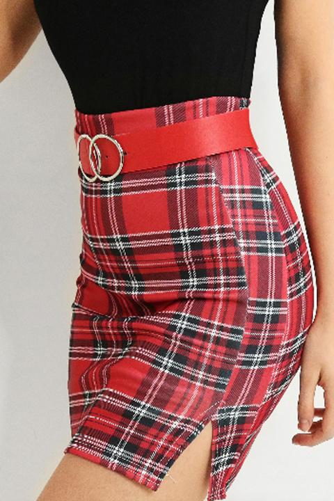 Red Tartan Side Split Mini Skirt