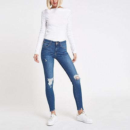 Amelie - Mittelblaue Jeans Mit Mittelhohem Bund Im Used-look