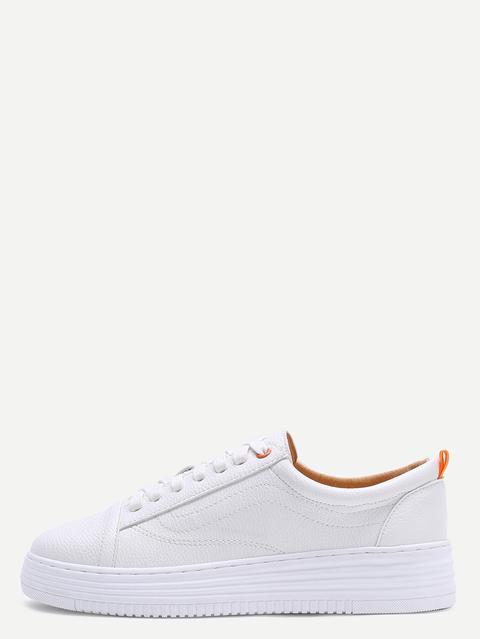 White Faux Leather Rubber Sole Lace Up Sneakers