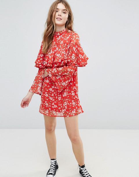 Influence - Vestito A Fiori Con Volant A Balze E Maniche Svasate - Rosso
