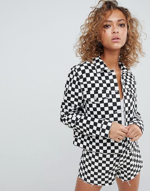 Asos Design Denim Jacket In Checkerboard Print - Black/ White