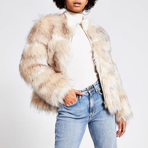 Cream Faux Fur Zip Front Jacket