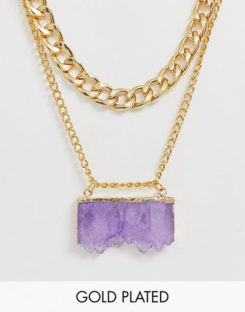 Asos Design Premium Gold Plated Multirow Necklace With Agate Chunk