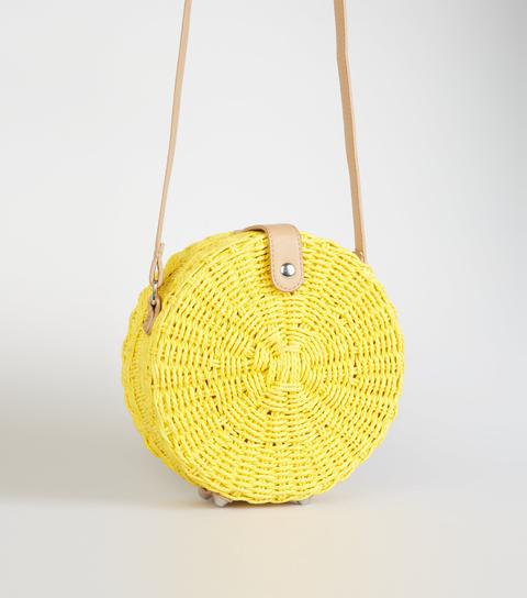 Yellow Straw Effect Woven Round Bag New Look