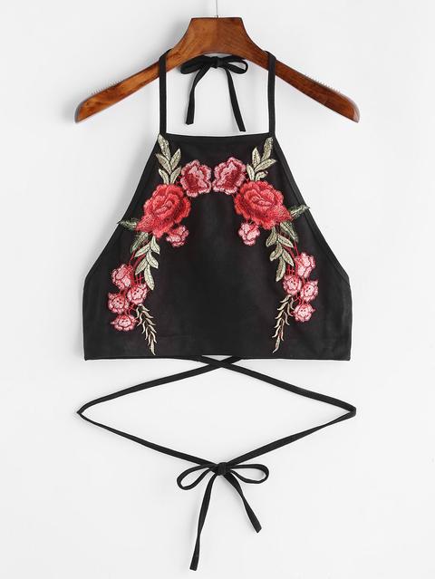 Black Suede Tie Detail Appliques Crop Halter Top