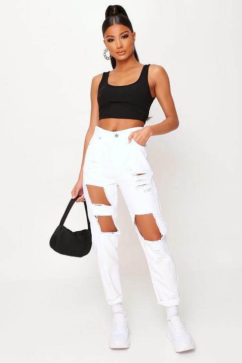 White Extreme Distressed Mom Jeans , White