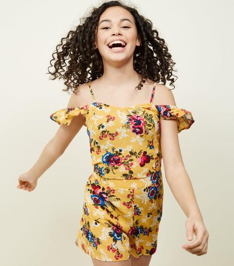 Girls Yellow Floral Cold Shoulder Cami New Look