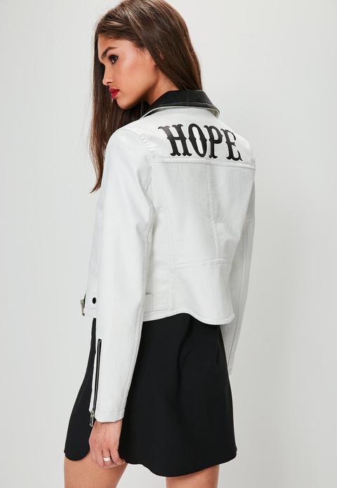 White Faux Leather Printed Crop Jacket