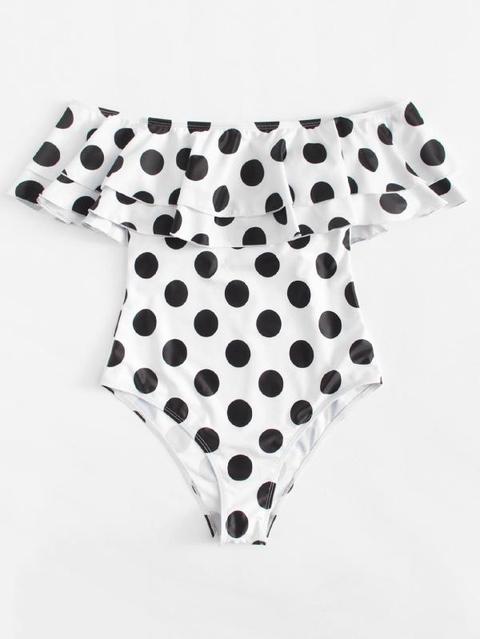 Bañador De Lunares Ribete Con Volante De Hombros Descubiertos De Talla Grande