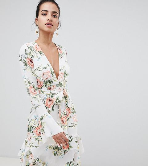 Esclusiva Prettylittlething - Vestito A Portafoglio Con Stampa A Fiori - Multicolore