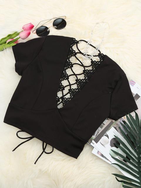 Plunging Neck Back Lace Up Crop Tee