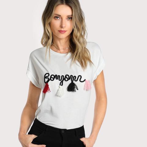 Camiseta Con Bordado Bonjour" Y Borlas"