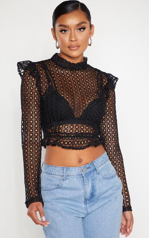 Black Crochet High Neck Blouse