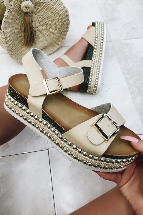 Emily Beige Studded Flatform Espadrilles