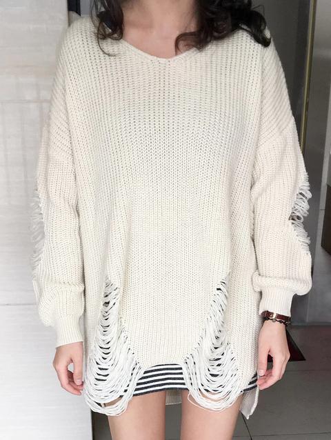 Loose High Low Ripped Pullover Sweater