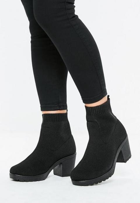 Black Knitted Tape Cleated Sole Boots, Black