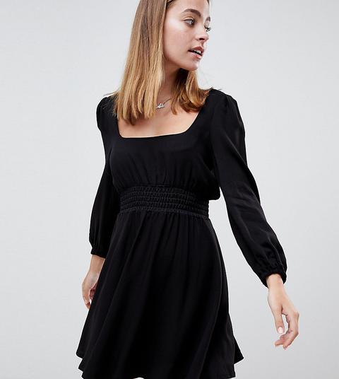 Asos Design Petite - Vestitino A Pieghe Con Scollo Quadrato E Maniche Lunghe - Nero