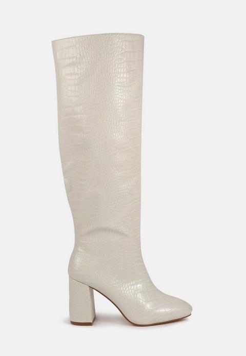 Cream Faux Leather Croc Knee High Block Heel Boots, Cream