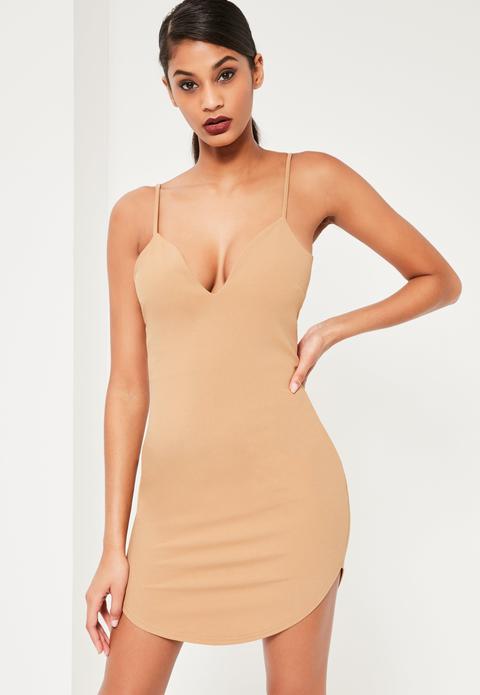 Nude Strappy Plunge Bodycon Dress