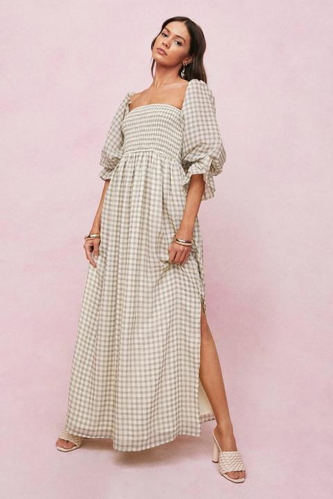 Womens Shirred Bust Balloon Sleeve Bardot Maxi Dress