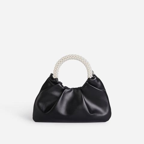 Meegan Pearl Handle Detail Ruched Bag In Black Faux Leather,, Black