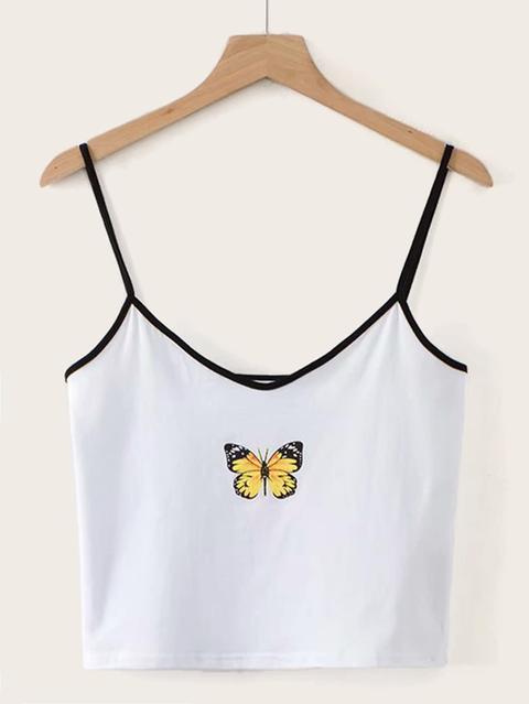 Top Con Bretelle Sottile Con Bordo A Contrasto E Stampa Farfalla