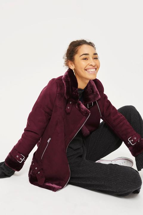 Womens Oversized Faux Shearling Biker Jacket - Burgundy, Burgundy