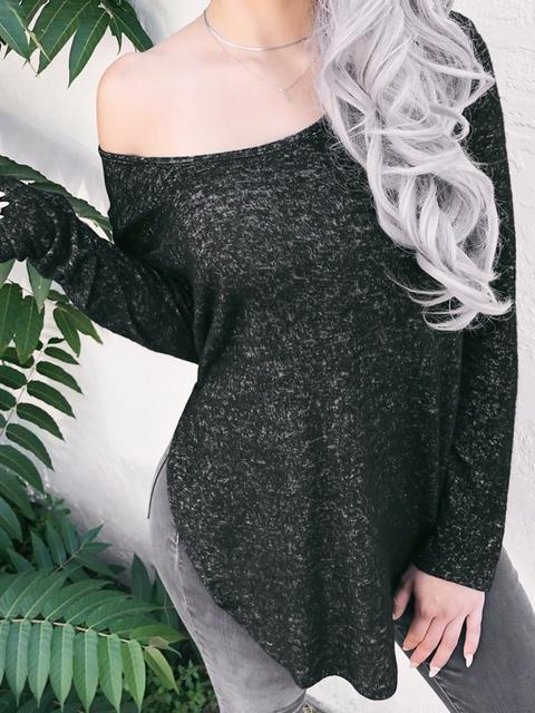 Black One Shoulder Slit Long Sleeve Casual T-shirt